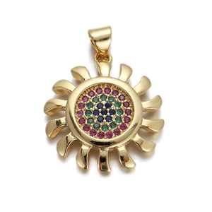 Golden sun pendant necklace with colorful zircons in red, green, and blue on white background