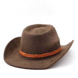 Close-up of brown suede cowboy hat with orange perforated leather decorative band