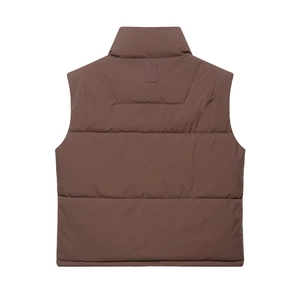 Rear view of brown quilted vest with high collar and windproof matte fabric finish