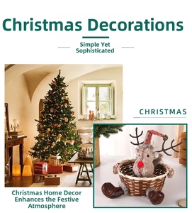 Detail of Christmas reindeer woven candy basket featuring festive plush decor and rattan