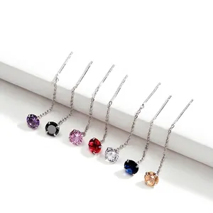 925 Sterling Silver Threader Earrings With Colorful Cubic Zirconia Four Prong Set Long Tassel Chain Ear Line For Women