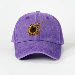 Vintage purple washed cotton baseball cap with sunflower and butterfly print design