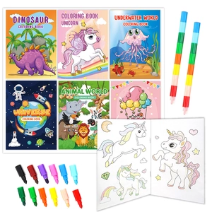 Children's 6-theme coloring book set with markers and crayons in clean layout
