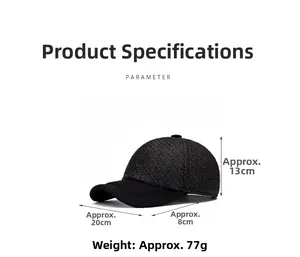 Detailed size specifications for black straw baseball cap showing height and dimensions