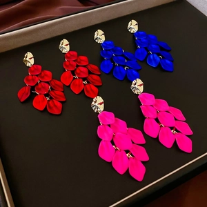 Elegant tiered acrylic petal tassel earrings in bold red, blue and magenta shades