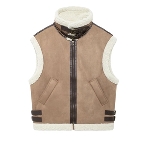 Detail of faux suede vest with plush shearling collar and metal zipper pockets