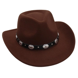 Detail of dark brown wool felt cowboy hat with black leather band and silver metal studs