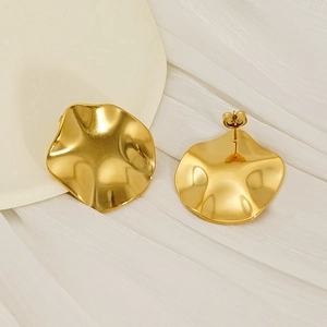 Minimalist gold irregular wave round stud earrings with liquid metal textured finish