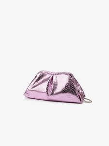 Detail shot of pink snakeskin pattern texture and metallic chain on cloud clutch bag