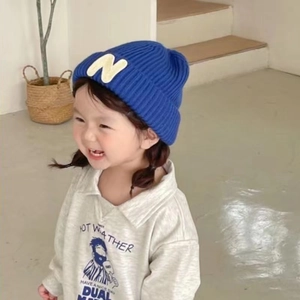 Toddler boys blue knit beanie with white N letter patch for warm autumn and winter fashion