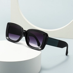 Modern square plaid sunglasses with purple gradient lenses and teal textured temples