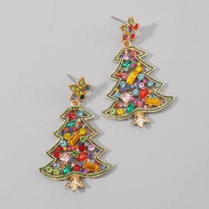 Detailed close-up of Christmas tree earrings with colorful rhinestones on gold base