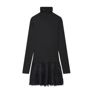 Robe Courte Élégante pour Femmes à Col Montant et Manches Longues Patchwork de Franges et Plumes Couleur Unie