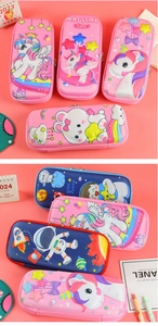 Detail of 3D embossed EVA pencil case with double zipper and multi-layer storage