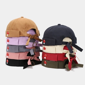 Cotton Miki brimless hats with mushroom embroidery and adjustable metal buckle strap