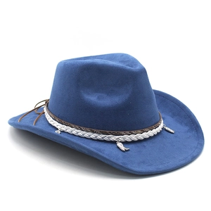 Close-up of suede western cowboy hat featuring blue felt texture and silver boot charms
