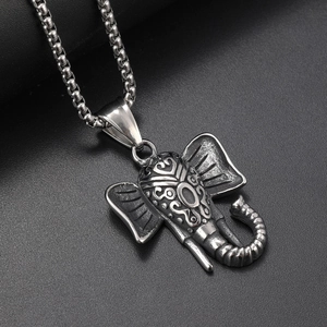 Punk vintage elephant head pendant necklace in stainless steel with retro blackened texture