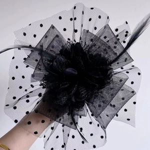 Elegant black mesh fascinator headband with feather and lace flower for parties