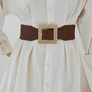 Close-up of a brown elastic wide waist belt with a textured gold square buckle for women