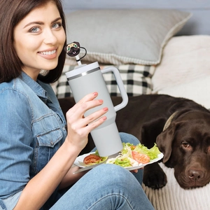 Grey tumbler with handle featuring snack tray attachment and pug dog straw cover topper