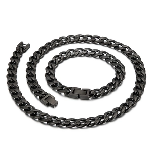Polished black stainless steel Cuban link necklace and bracelet jewelry set for men