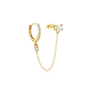 Detail of S925 sterling silver chain earrings with heart zircon and rectangle gemstone