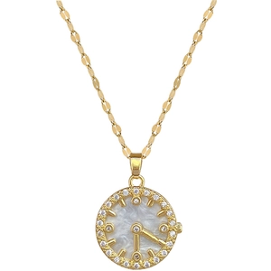 Elegant gold shell clock necklace with crystals and shell dial on flat lip chain