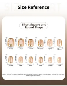 Size chart showing 12 dimensions for short square cat eye press-on nails set