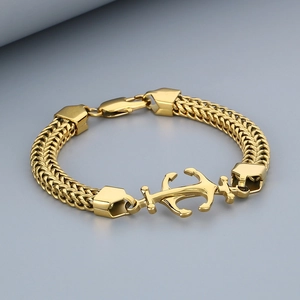 Gold stainless steel double-row Cuban anchor bracelet with wheat chain for men