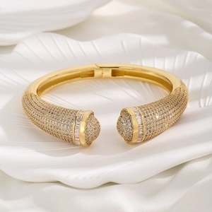 Geometric Open Bangle Bracelet Copper Gold Plated With White Cubic Zirconia Baguette Stones Luxury Fashion Jewelry Women