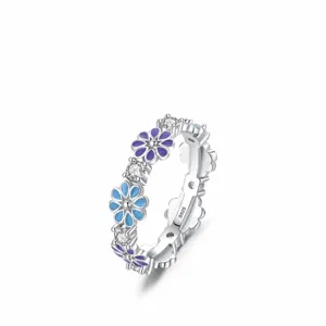925 Sterling Silber Ring mit blau-violetten Emaille-Blumen und funkelnden Zirkonen
