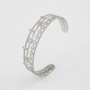 Retro multi-layer silver stainless steel open bangle with beads and hollow floral design