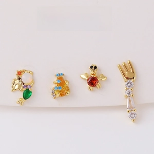 Cute little mermaid stud earrings set with colorful zircons and asymmetric sea motifs