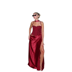 Elegant red two-piece dress featuring lace bodice and high-slit satin maxi skirt