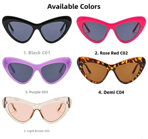 Flat lay of cat-eye sunglasses in five colors including black, pink, purple, and tortoiseshell