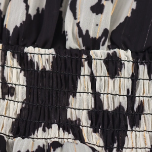 Ethnic chiffon maxi dress with black white abstract print, gold metallic thread and smocking