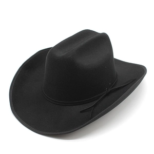 Classic black wide-brim felt cowboy hat with decorative band and upturned side brim