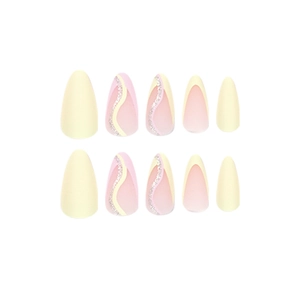 French almond press-on nails with yellow pink waves and silver glitter accents