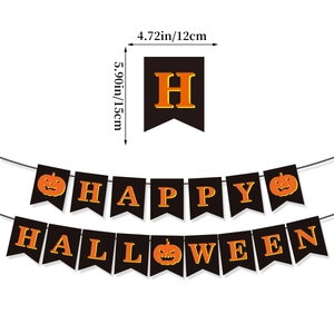 Detail of Happy Halloween banner with 4.72in by 5.90in flag dimensions and pumpkin design