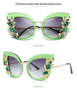 Detail of cat eye sunglasses with green frames and luxury rhinestone leaf ornaments