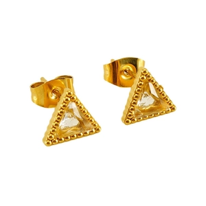 Detail of 18K gold-plated triangle earrings with sparkling zircon and beaded texture