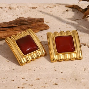 Retro 18K gold plated stainless steel square stud earrings with deep red gemstones