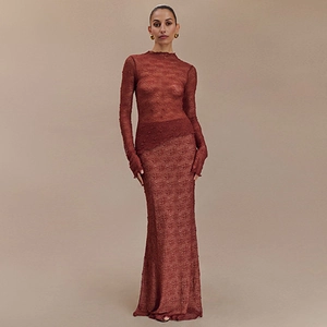 Women Long Sleeve Lace Top And Maxi Skirt Slim Sexy See-through Elegant Solid Color Evening Streetwear