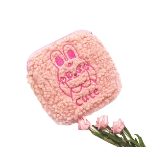 Pink plush sanitary napkin storage bag with cute rabbit embroidery and zipper closure