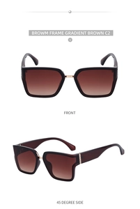 Front and 45-degree side views of square brown frame sunglasses with gradient lenses
