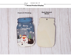 Detail of wooden Christmas jar tag showing UV printed Santa and smooth natural back