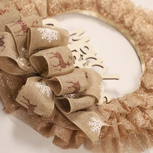 Gold Christmas wreath with Merry Christmas sign and reindeer burlap ribbon decoration