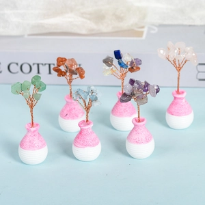 Miniature natural crystal tree set with various gemstone leaves and golden wire trunks