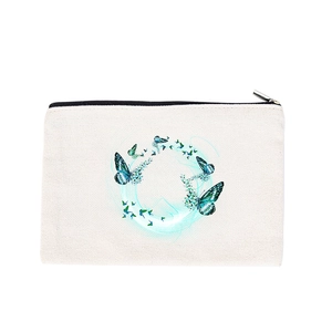 White canvas pouch with blue and green butterfly print ring and black zipper closure