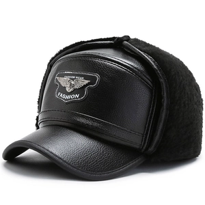 Men Winter Lei Feng Hat PU Leather Faux Fur Warm Windproof Earflap Bomber Cap Peaked Hat Metal Eagle Wing Logo